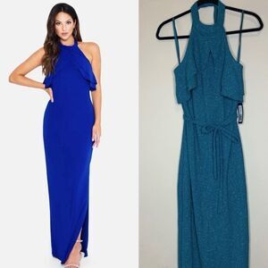 BEBE • DOUBLE RUFFLE HALTER NECK GOWN